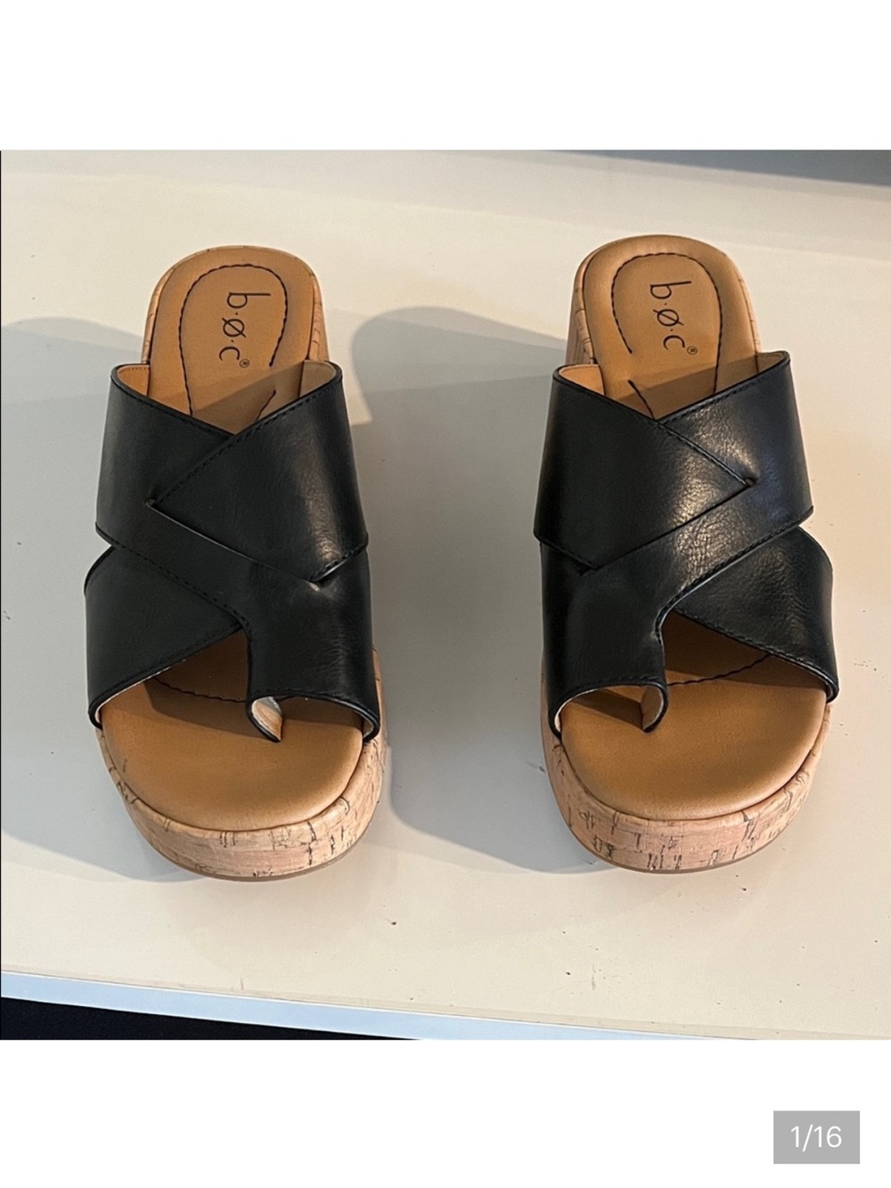 b.o.c. Black and Tan Leather Wedges